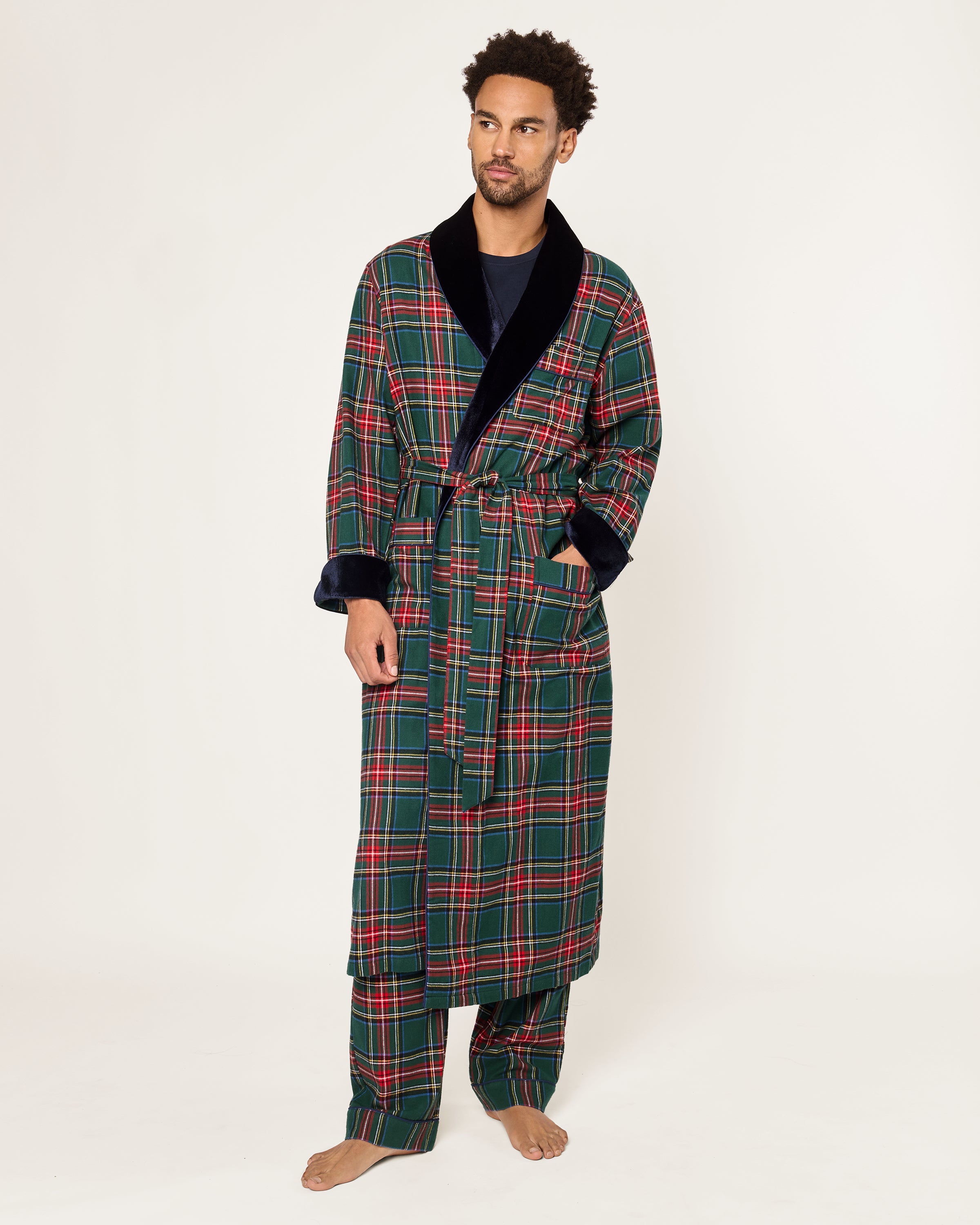 Men’s Brushed Twill Velvet Trim Robe in Kensington Tartan