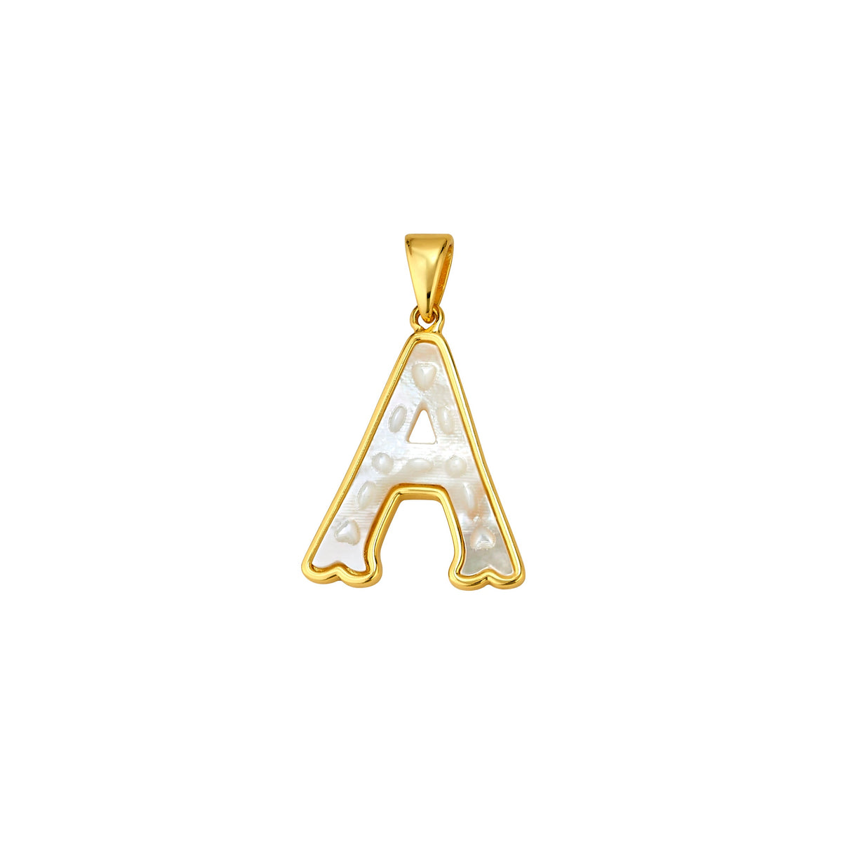 Front view of mini letter A charm showcasing mother-of-pearl inlay and 14K gold-dipped edge on white background