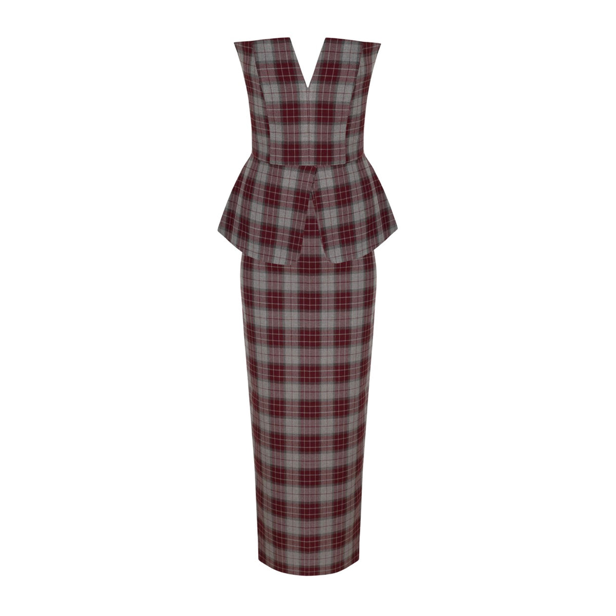 Front view of Aria Set in Beige & Burgundy showcasing tartan bustier top and pencil skirt on white background