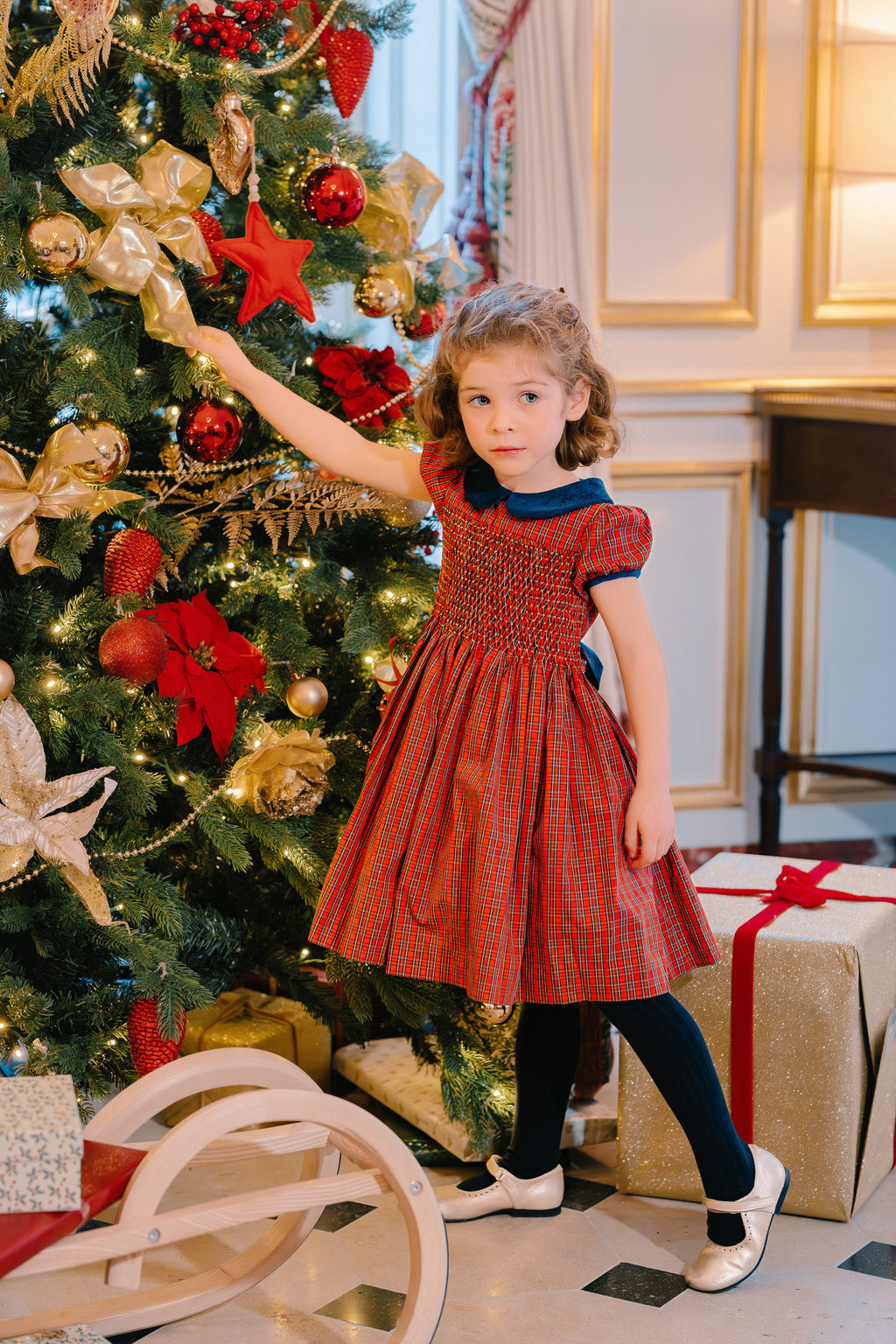 Angelica Red Tartan Short Sleeve Smocked Dress Angelica Red Tartan Short Sleeve Smocked Dress