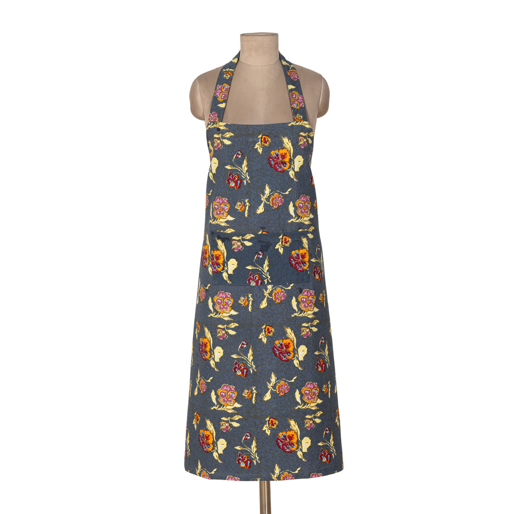 Front view of Pansy apron showcasing large front pocket and red-yellow pansy print on grey fabric on a dress form