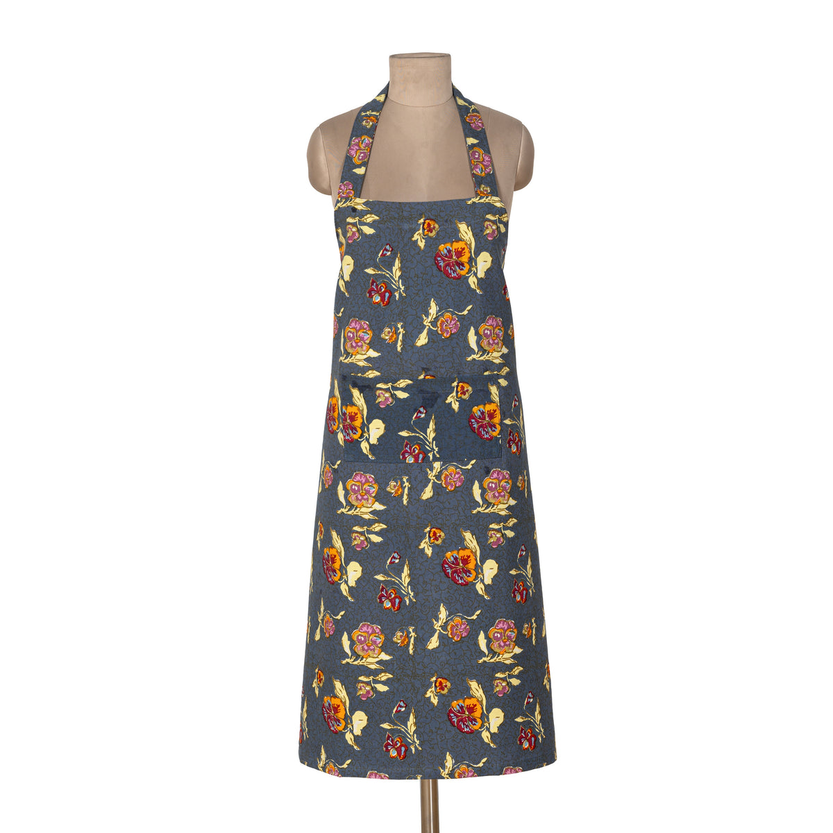 Front view of Pansy apron showcasing large front pocket and red-yellow pansy print on grey fabric on a dress form