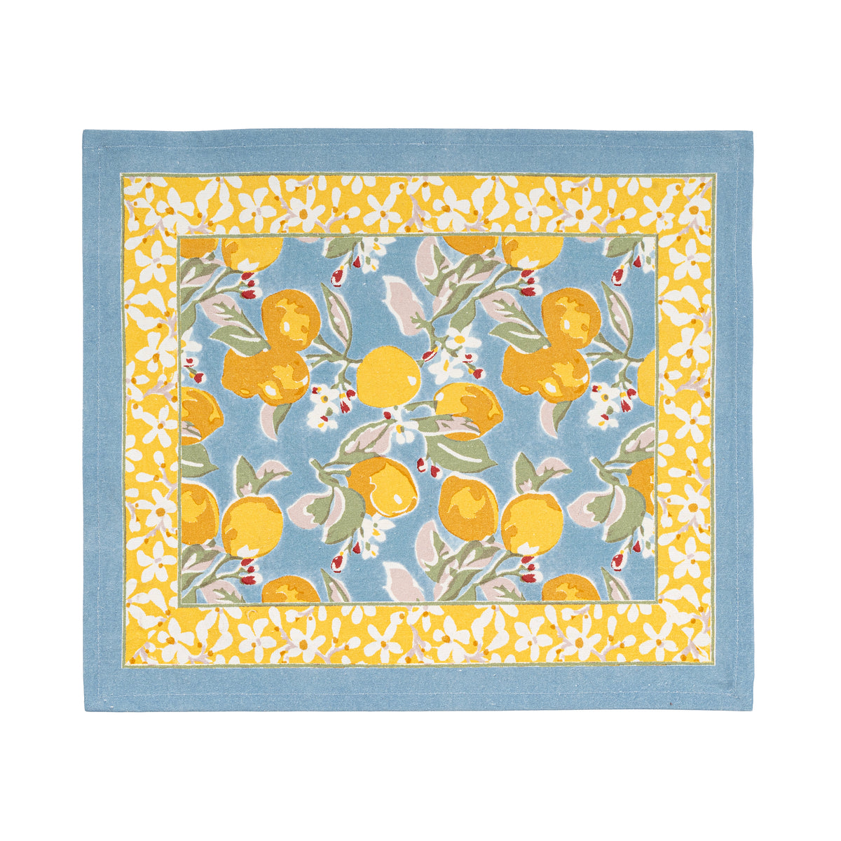 Top view of Citron Mats in Bleu & Yellow, Set of 6 showcasing citrus and floral pattern with white background