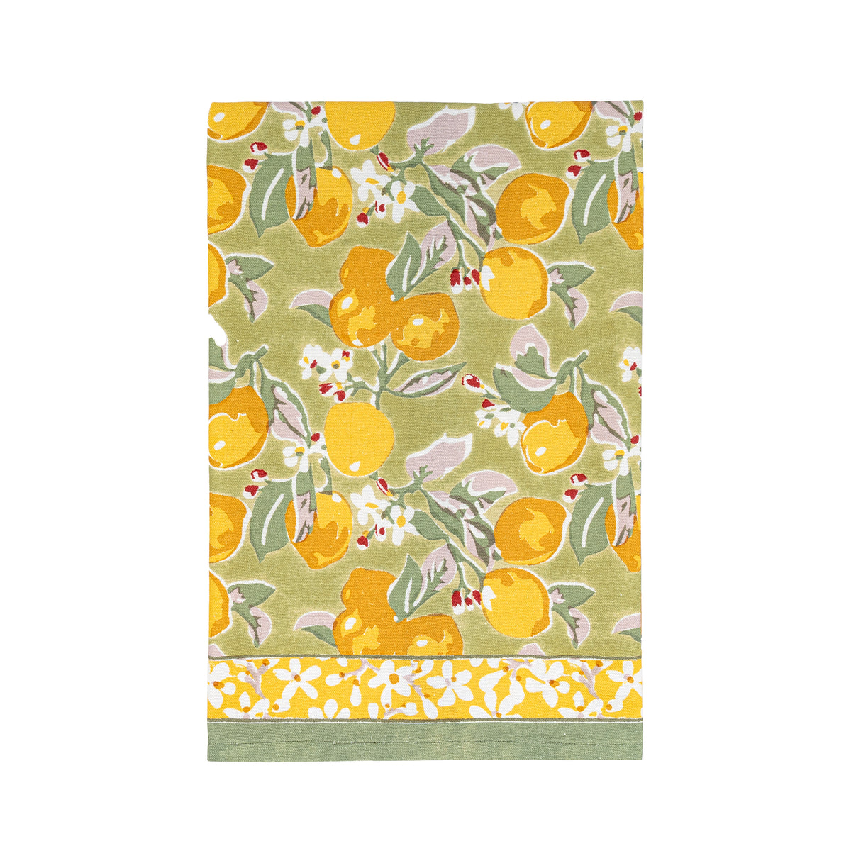 Flat-lay of Citron tea towel showing yellow lemon print on green background with yellow floral border