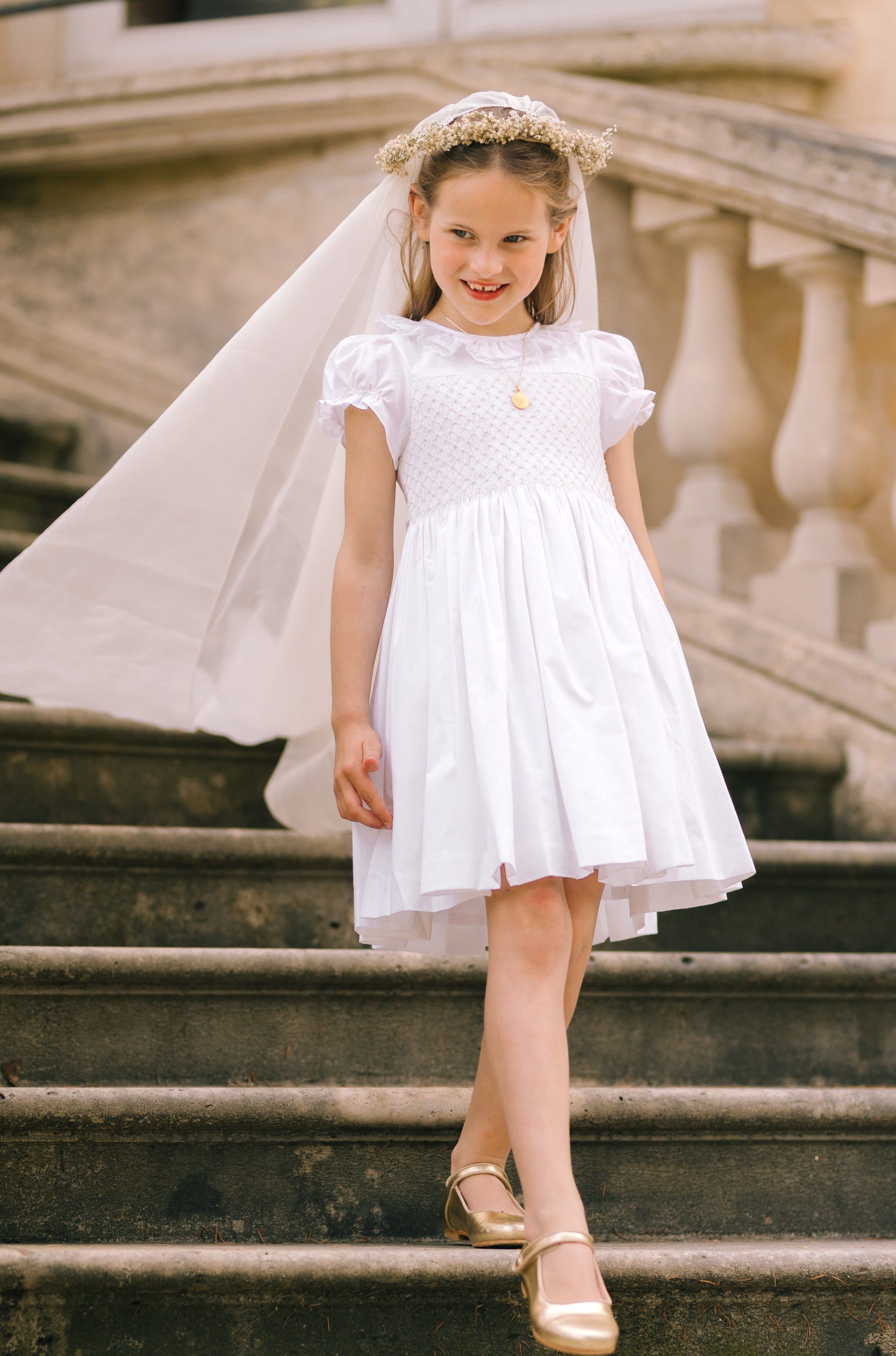Antoinette Ceremony White Smocked Girl Dress | Over The Moon