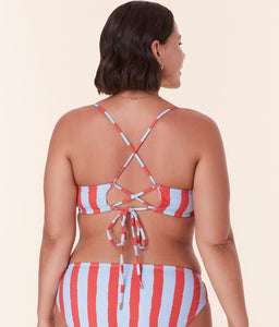 Back view of Andie Swim's Fiji Bikini Top in Candy Stripe, highlighting the criss-cross adjustable straps and tie-back design.