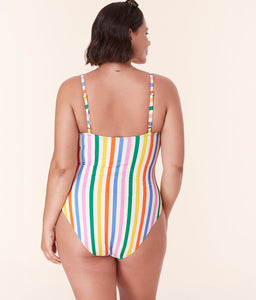 Back view of Andie Swim’s Amalfi One Piece in Rainbow Stripe, featuring medium seat coverage and supportive adjustable straps.