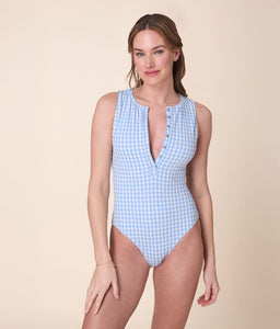 The Malibu One Piece Crinkle in Sky Gingham