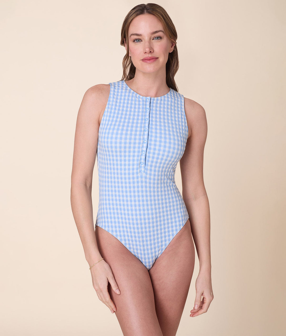 The Malibu One Piece Crinkle in Sky Gingham
