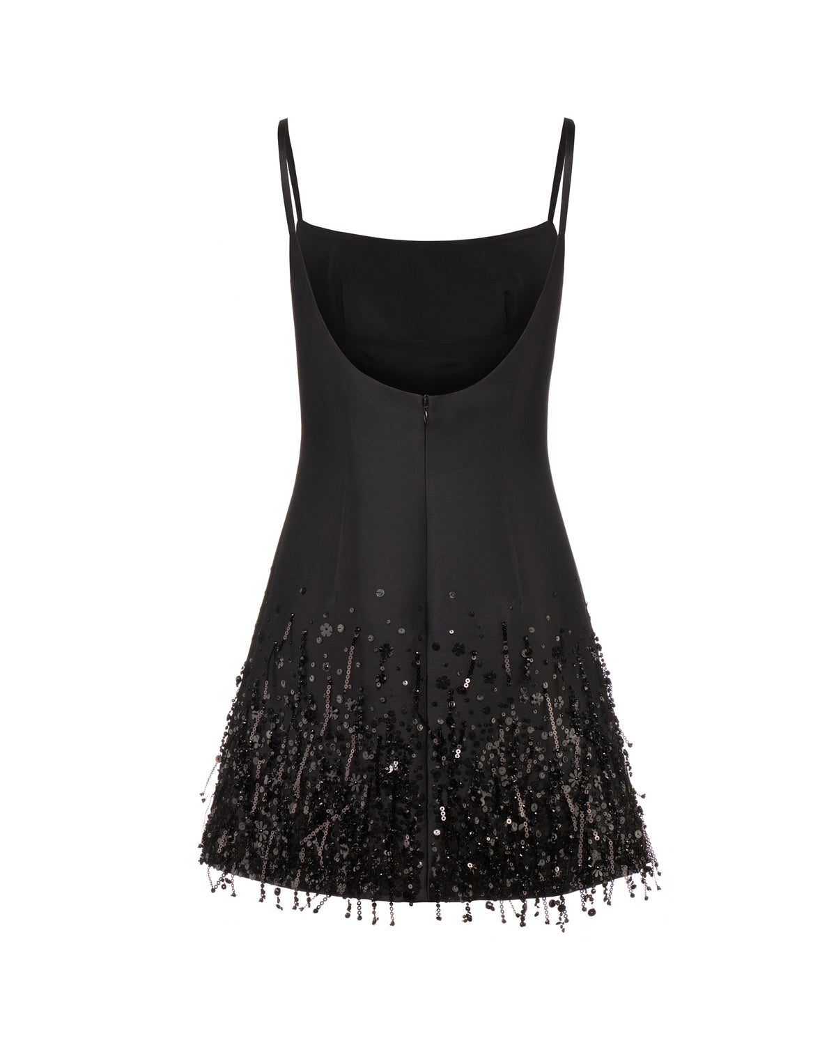 Stella Dress in Black Silk Wool with Tonal Fringe