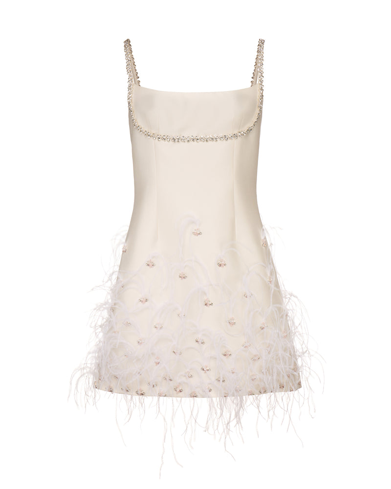 OTM Exclusive: Stella Dress in Ivory Silk Wool with Ostrich Feathers