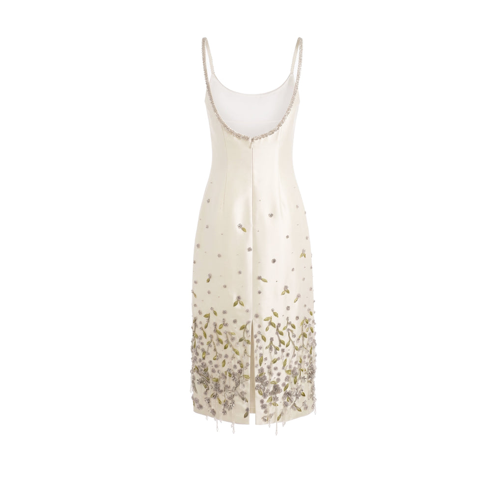 Luna Dress in Ivory Silk Wool with Silver and Green 3D Florals