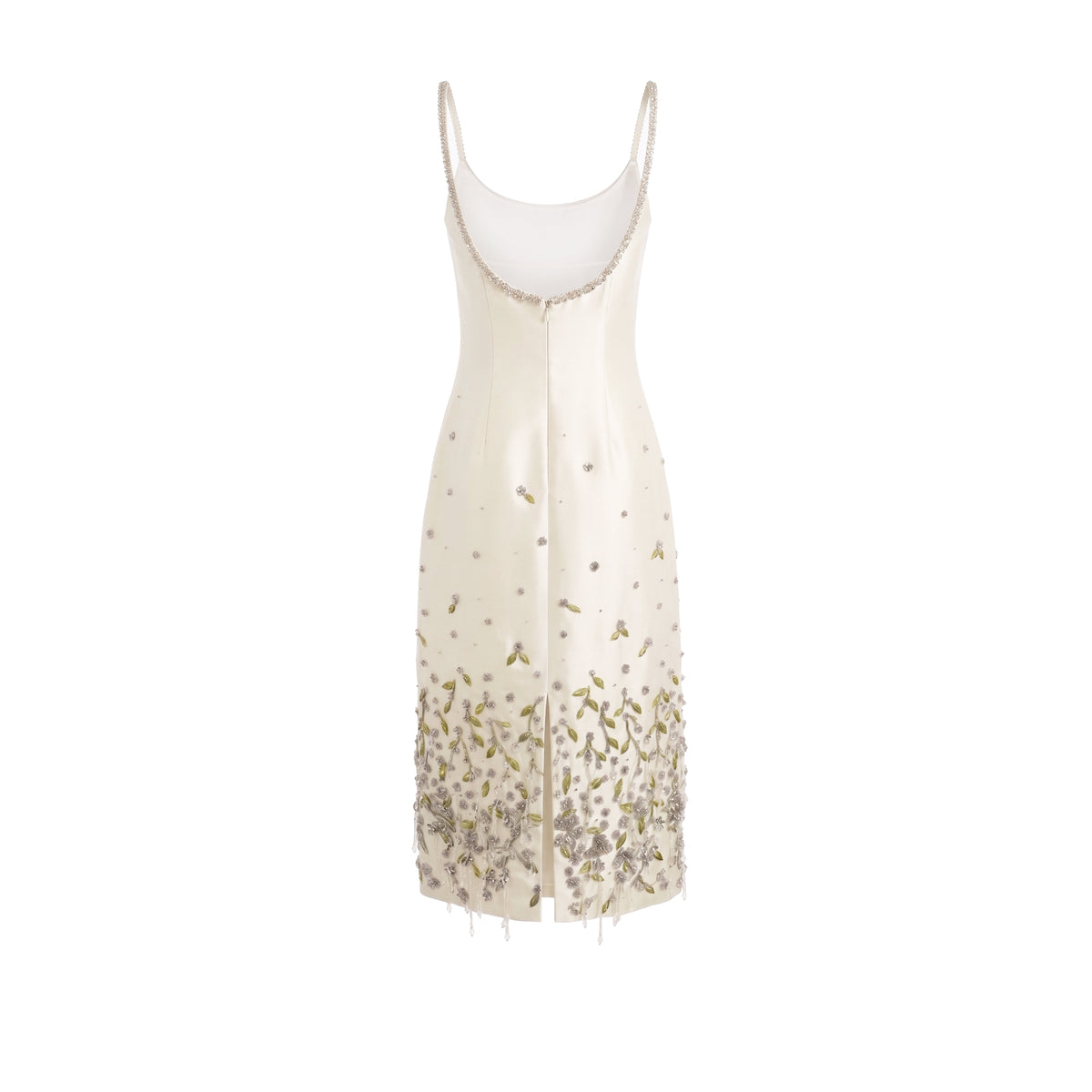 Luna Dress in Ivory Silk Wool with Silver and Green 3D Florals