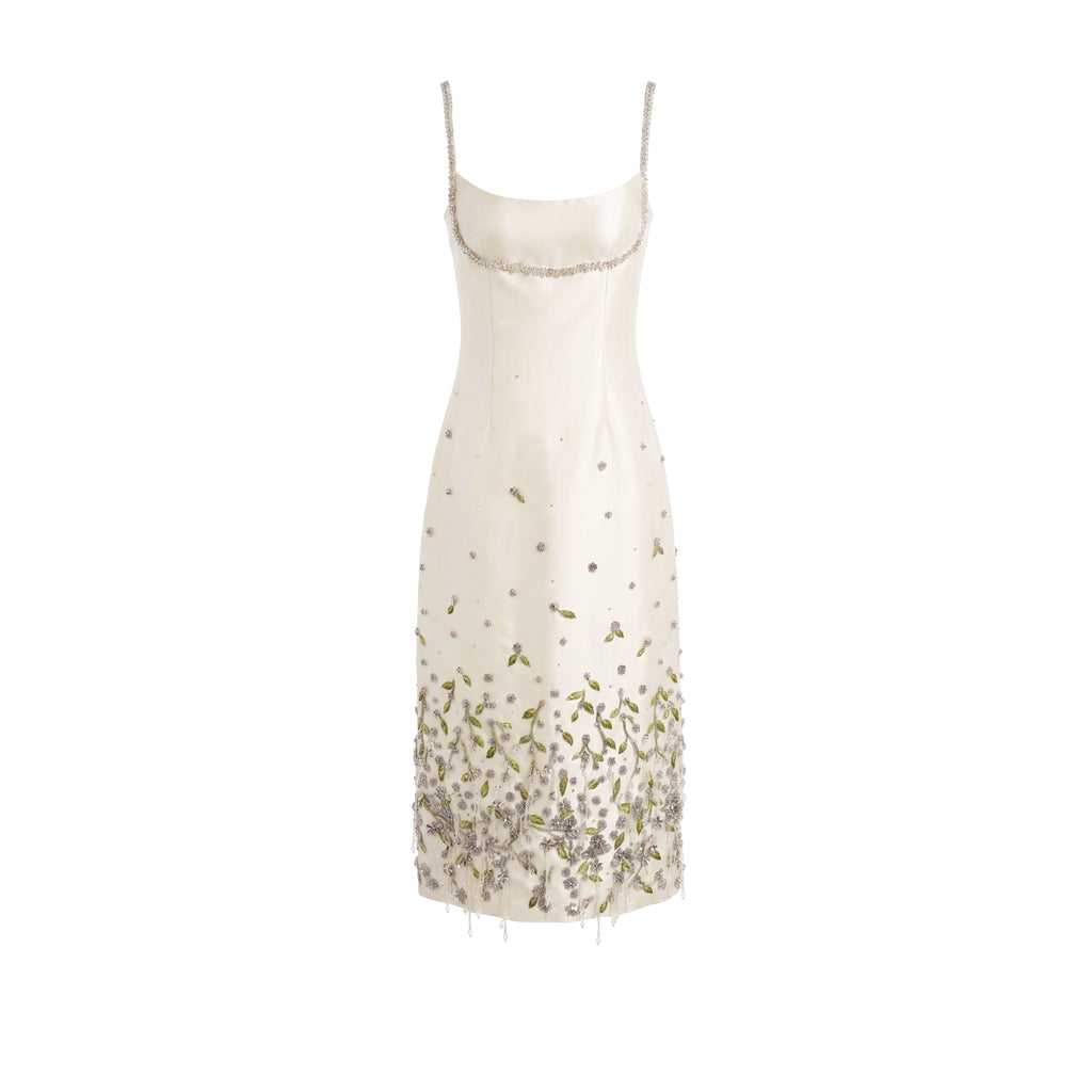 Luna Dress in Ivory Silk Wool with Silver and Green 3D Florals