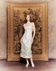 Luna Dress in Ivory Silk Wool with Silver and Green 3D Florals