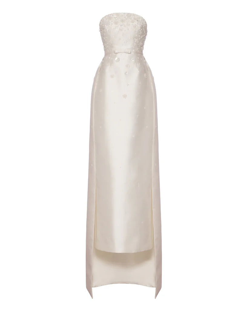 Gabi Gown in Ivory Silk Wool with Ivory Meadow Embellishment