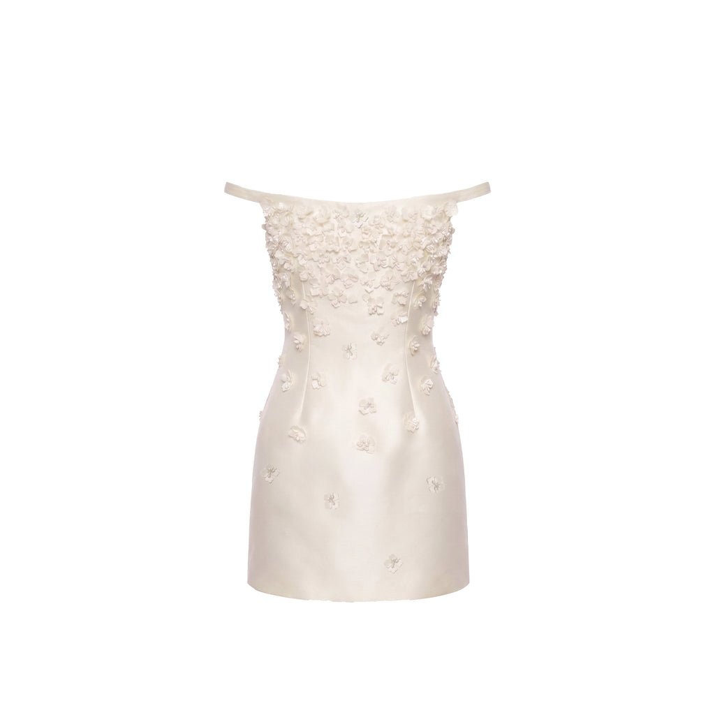 Cosette Dress in Ivory Silk Wool with Petite Fabric Flowers