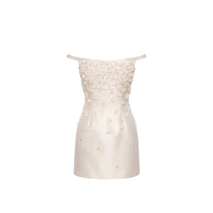 Cosette Dress in Ivory Silk Wool with Petite Fabric Flowers