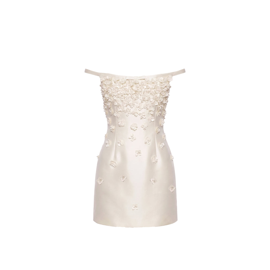 Cosette Dress in Ivory Silk Wool with Petite Fabric Flowers