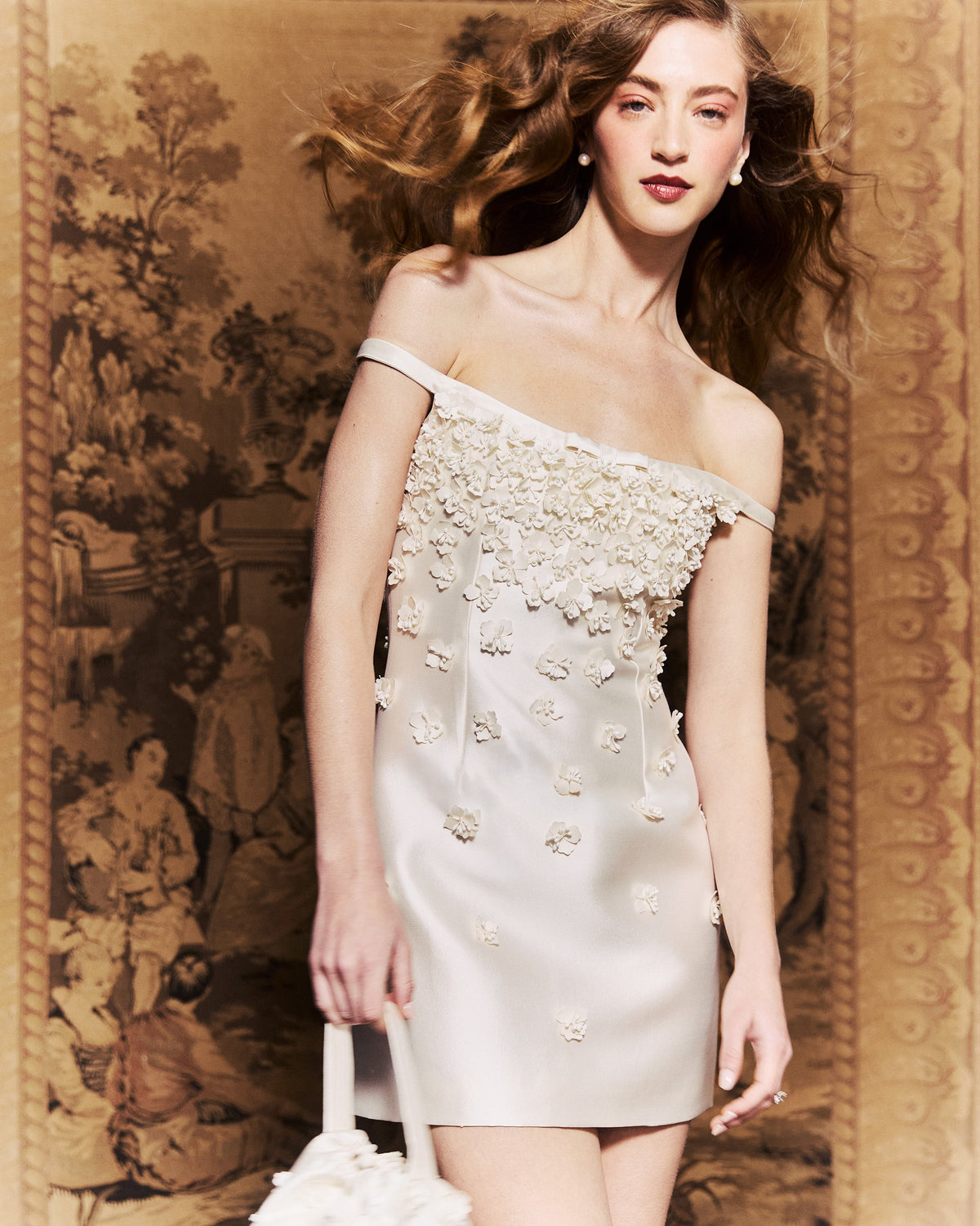 Cosette Dress in Ivory Silk Wool with Petite Fabric Flowers
