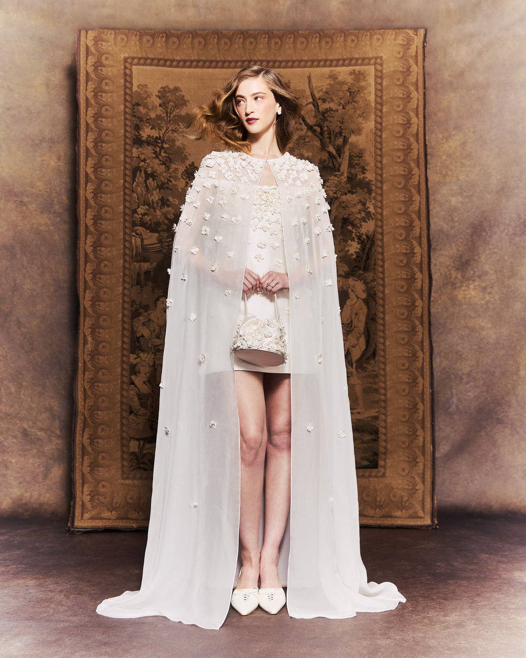 Cosette Dress in Ivory Silk Wool with Petite Fabric Flowers