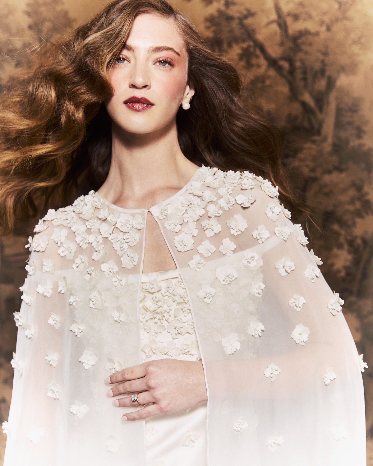 Anne Cape in Ivory Organza with Petite Fabric Flowers