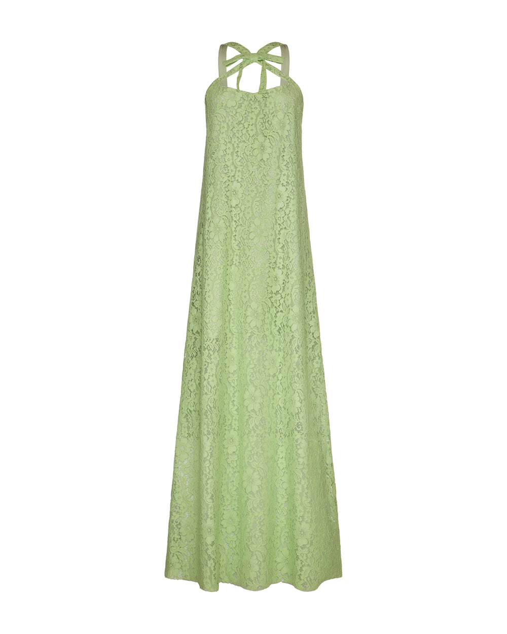 Front view of Daphne dress in tea green lace with bow neckline, cross-back straps and A-line silhouette on white background