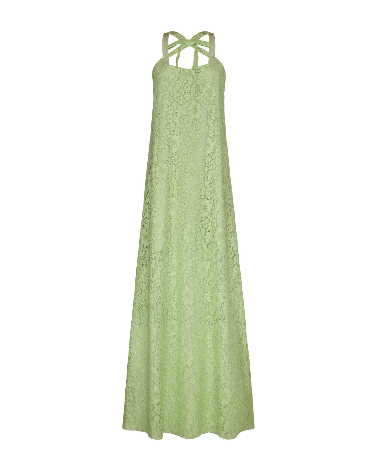 Front view of Daphne dress in tea green lace with bow neckline, cross-back straps and A-line silhouette on white background