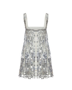 Elsa Dress in Ivory Silk Wool with Silver Fringe