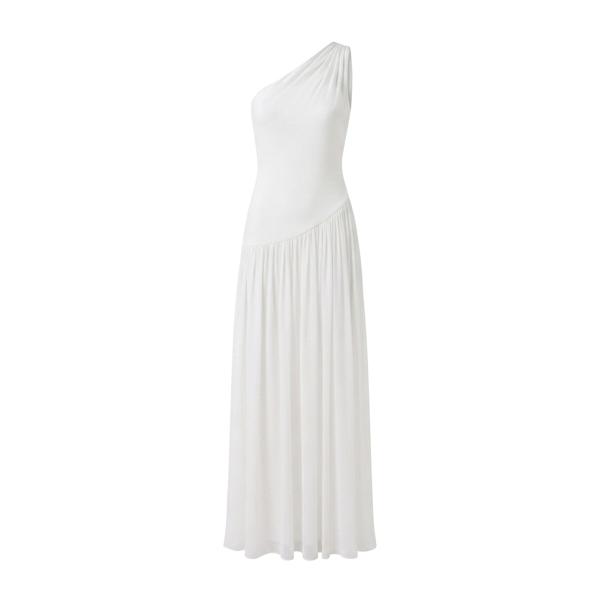 Front view of the ivory Remy Dress showcasing its one-shouldered neckline and gathered asymmetric drop waist against a white background