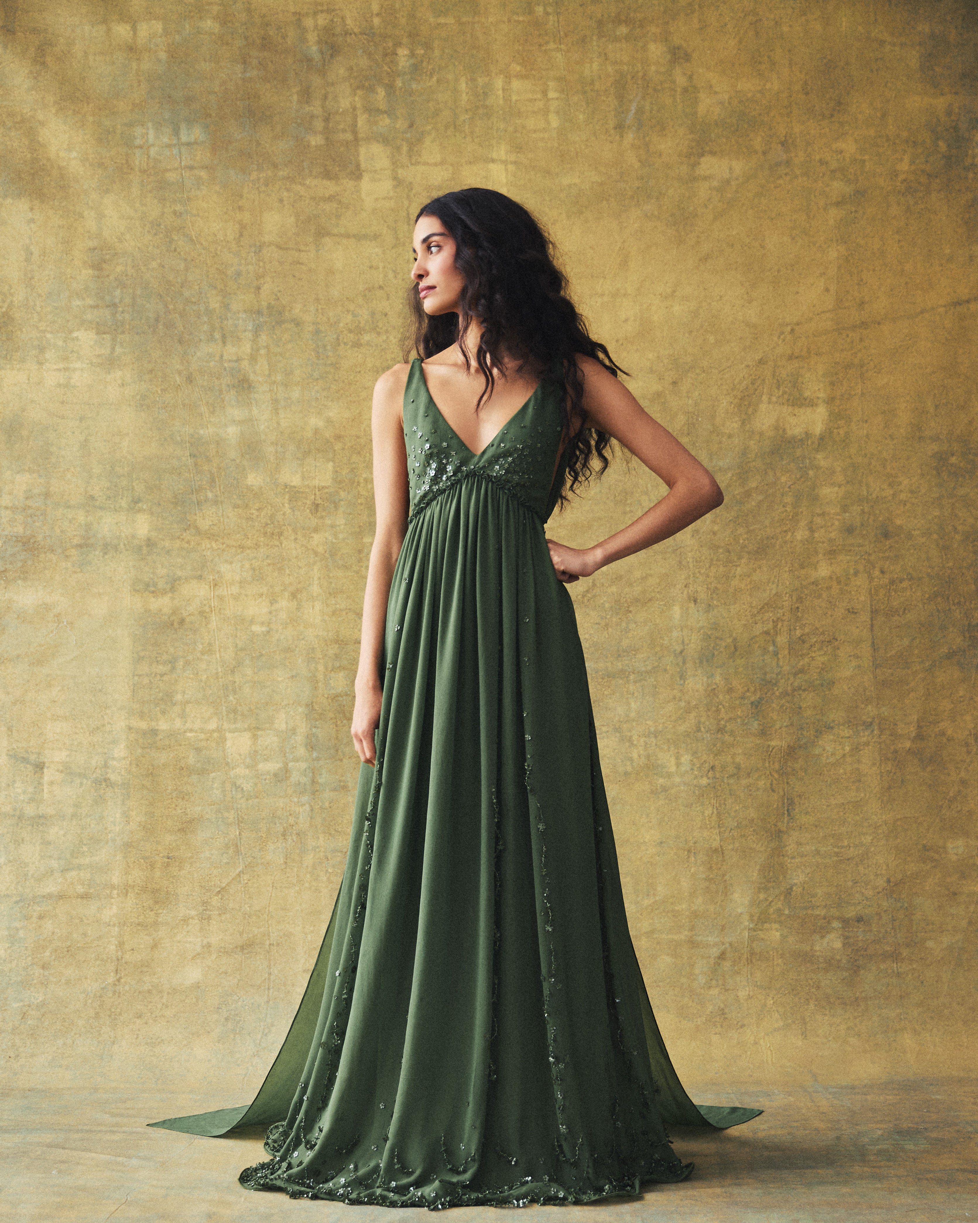 Sunny Gown in Pine Georgette with Scallop Floral Embellishment