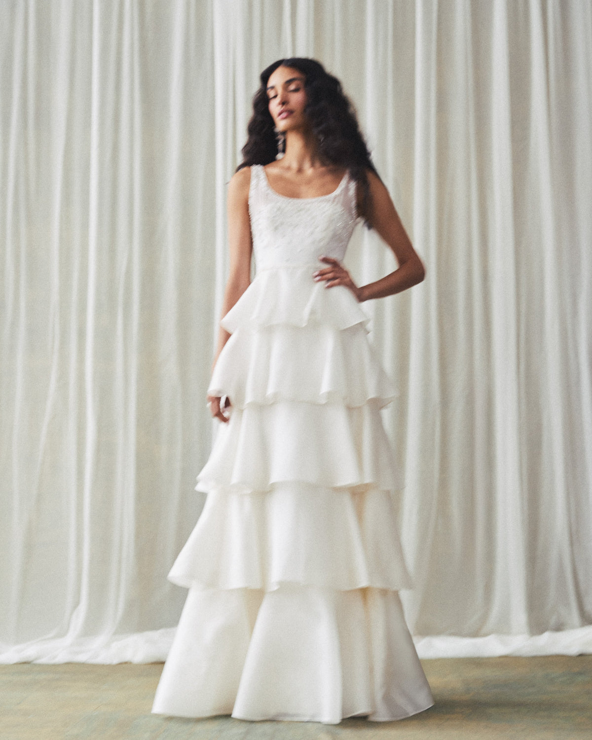 Grayal Gown in Ivory Satin Face Organza with Crystal Floral Embellishment