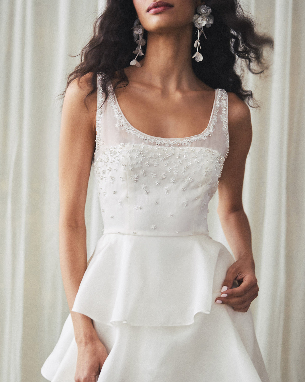 Grayal Gown in Ivory Satin Face Organza with Crystal Floral Embellishment