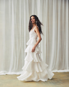 Grayal Gown in Ivory Satin Face Organza with Crystal Floral Embellishment