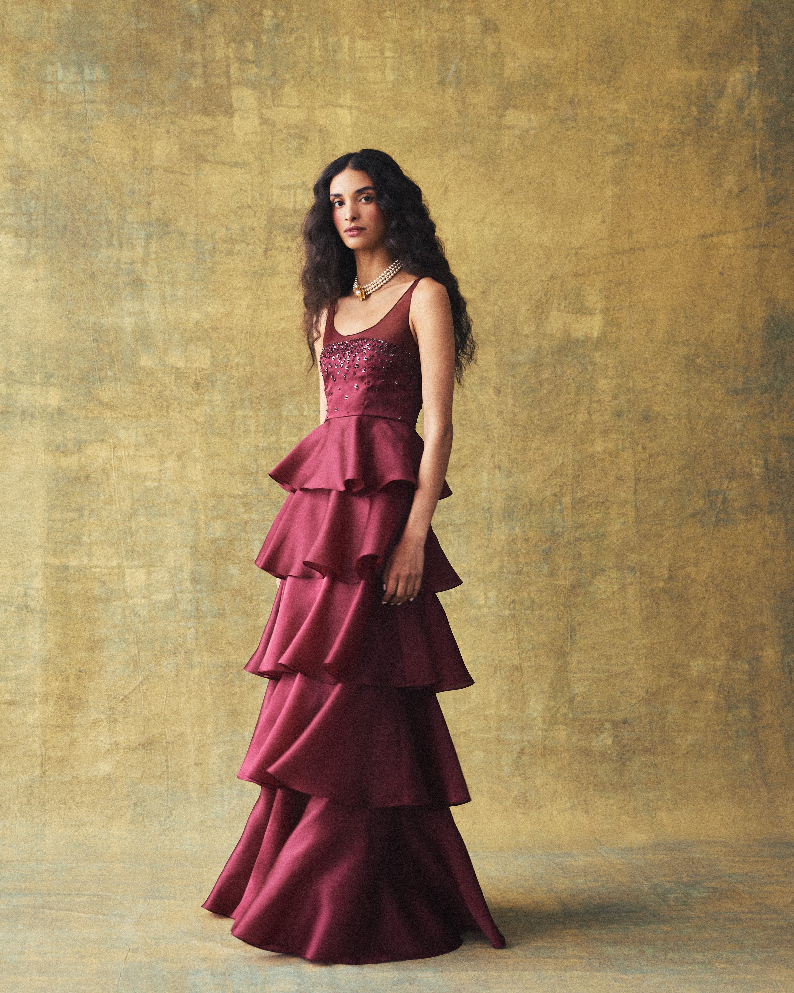 Grayal Gown in Plum Satin Face Organza with Crystal Floral Embellishment