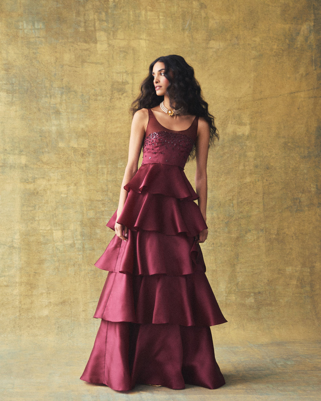 Grayal Gown in Plum Satin Face Organza with Crystal Floral Embellishment