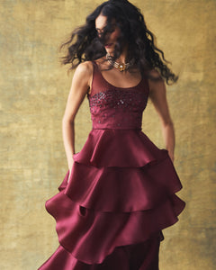 Grayal Gown in Plum Satin Face Organza with Crystal Floral Embellishment