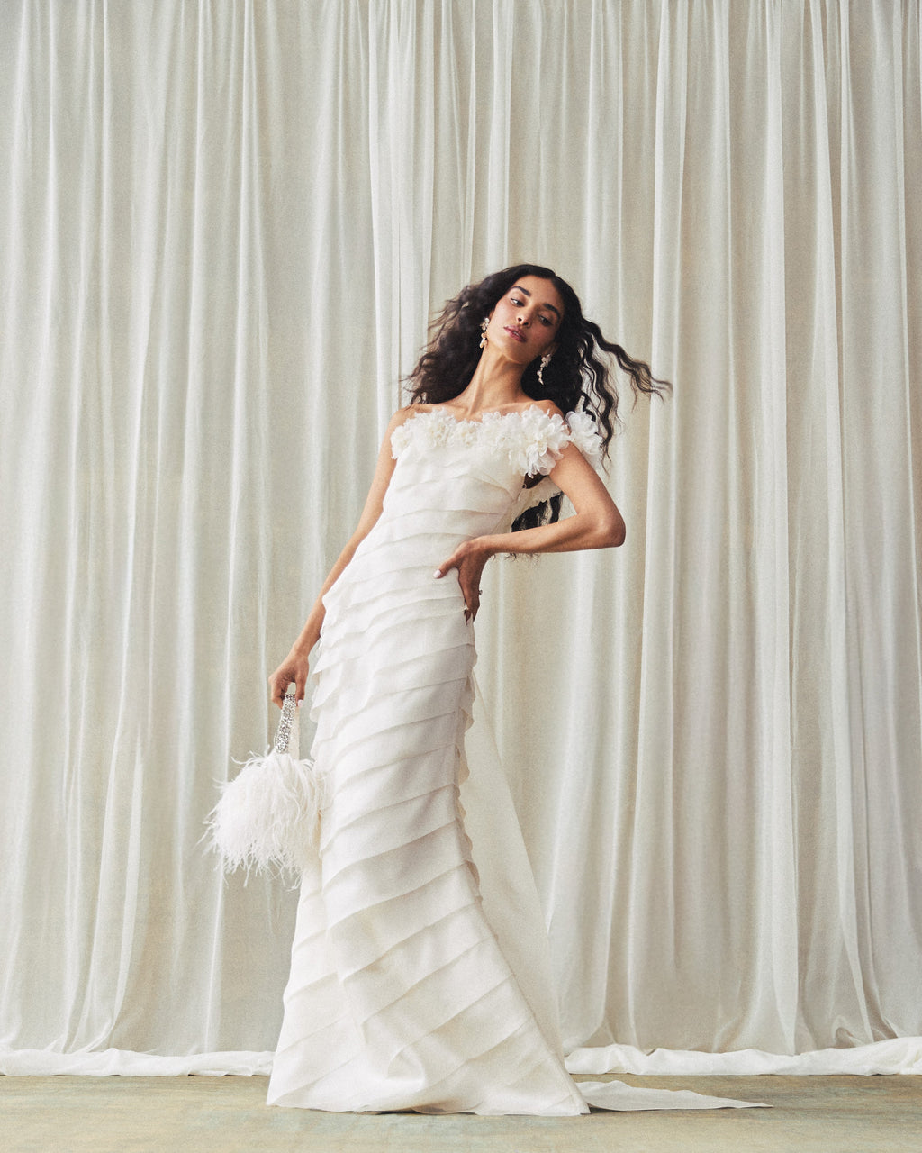 Piper Bucket Bag in Ivory with Feather Embellishment