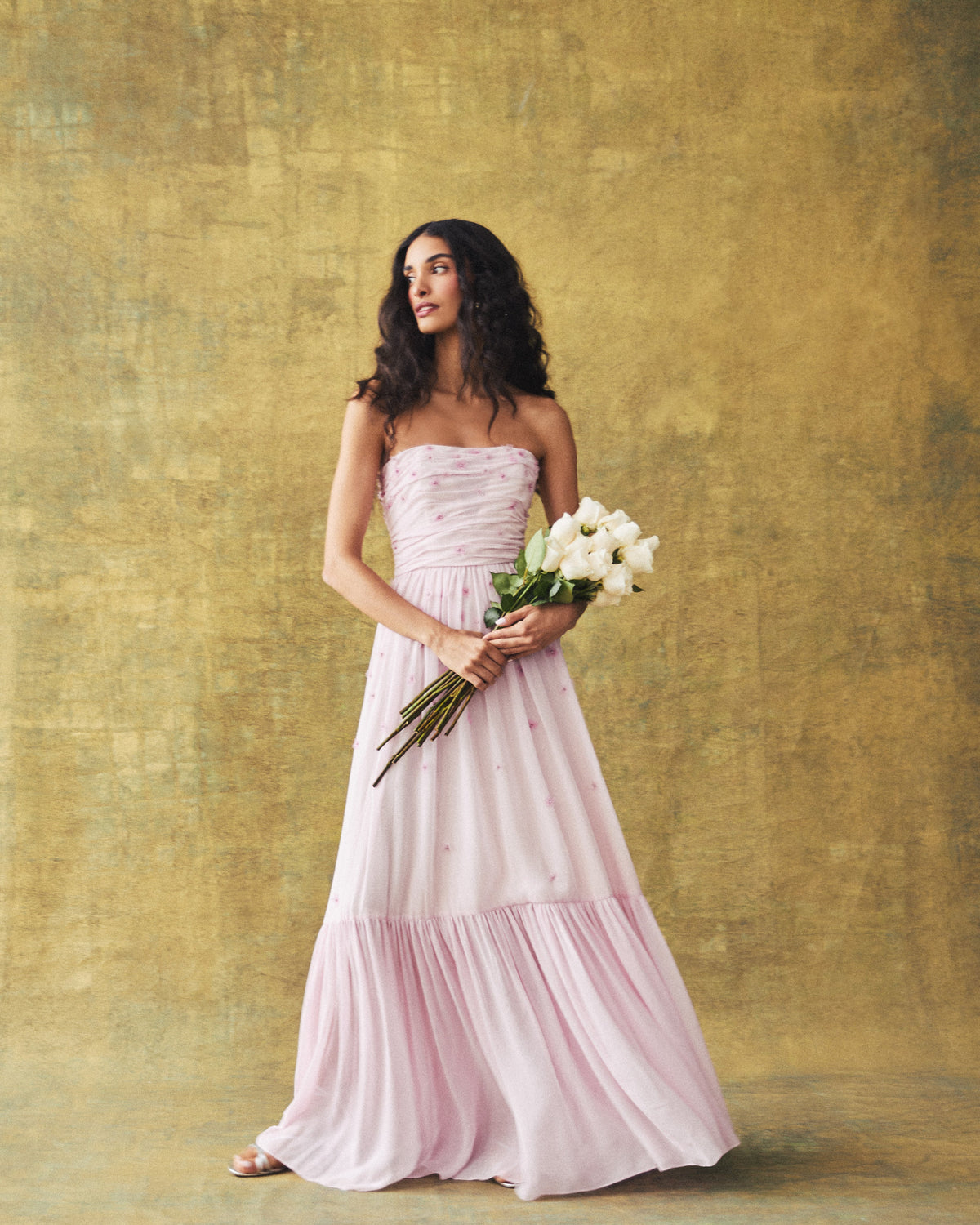 Melissa Dress in Peony Georgette with Miniature Flower Embellishment