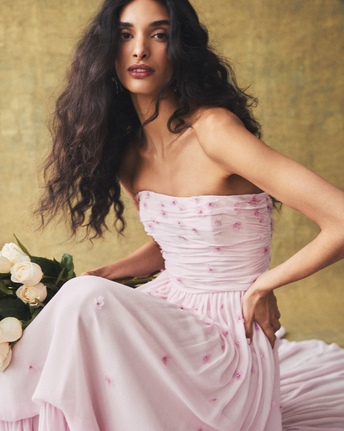 Melissa Dress in Peony Georgette with Miniature Flower Embellishment