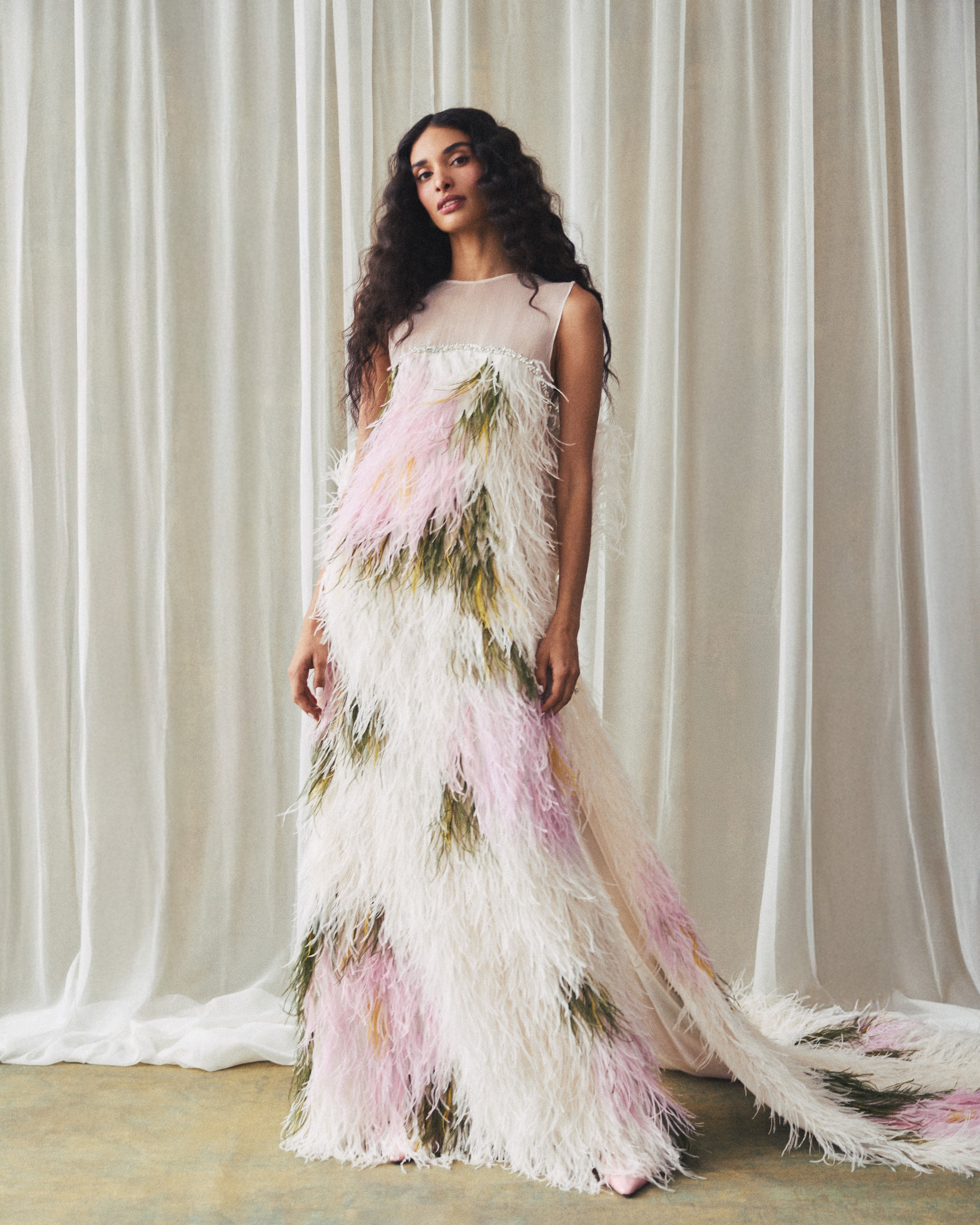 Eliza Gown in Abstract Floral Feathers