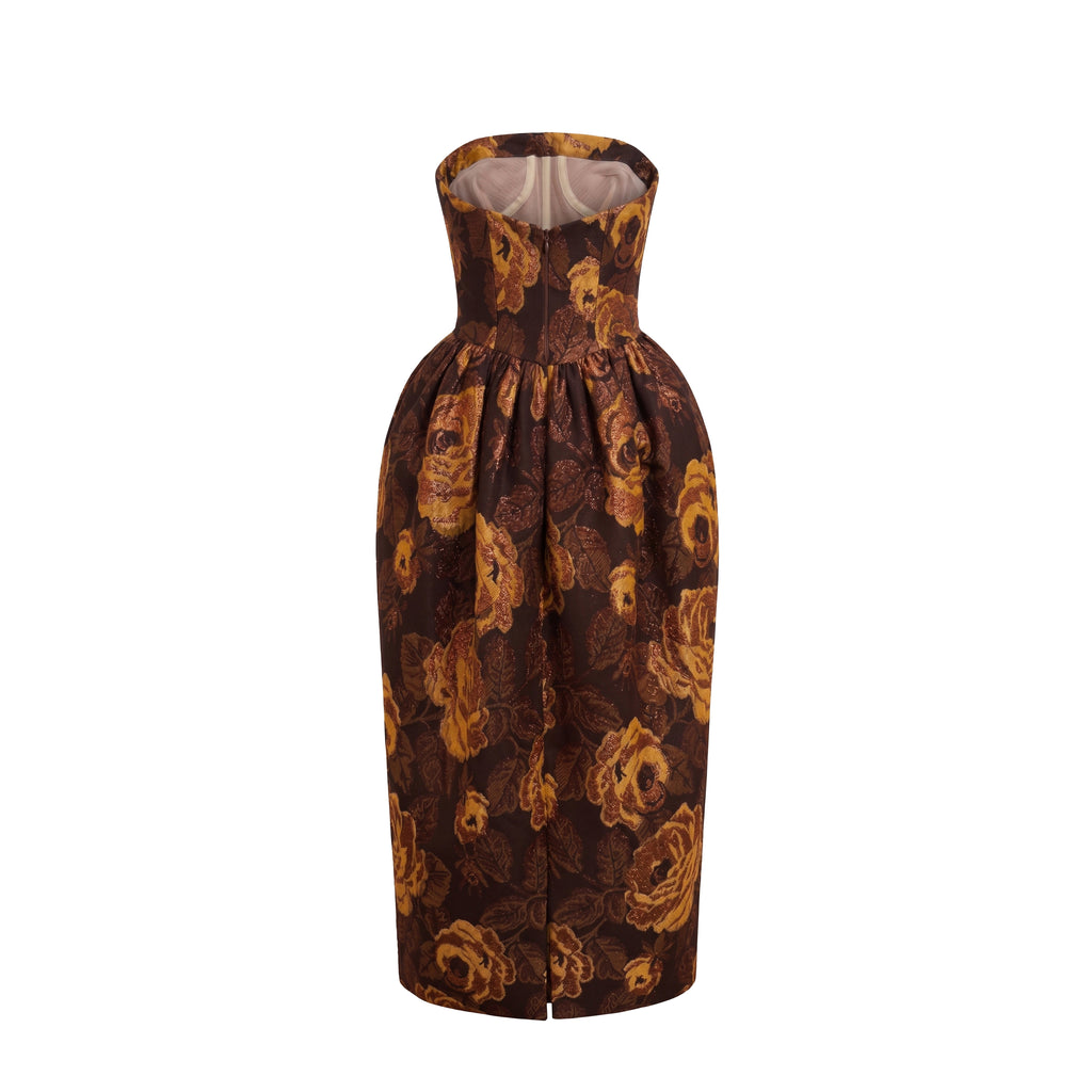 Swan Dress in Bronze Floral Brocade