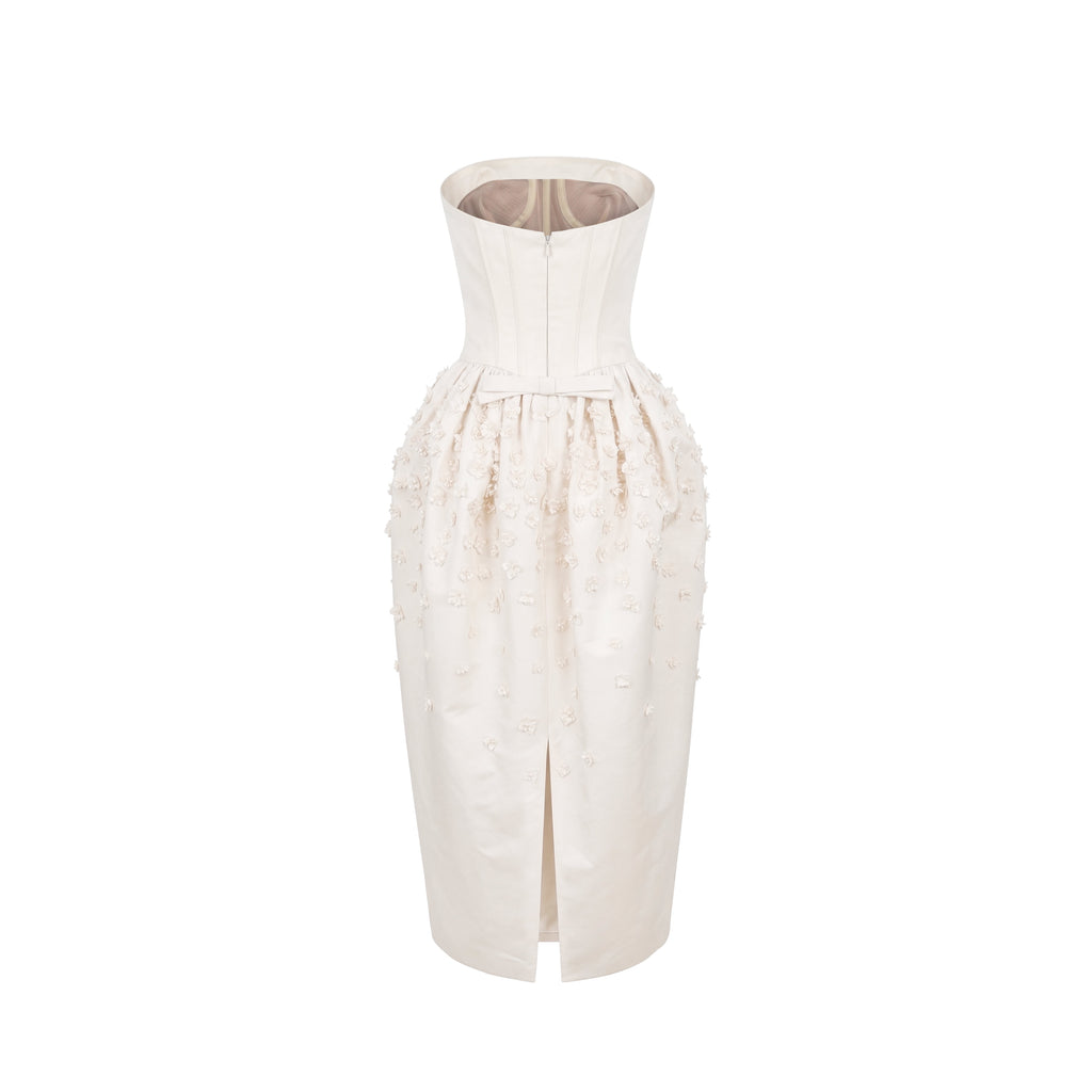 Swan Dress in Ivory Faille with Petite Fabric Flowers