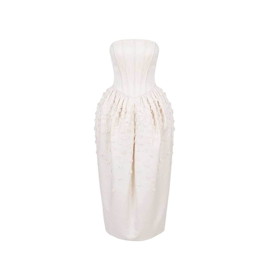 Swan Dress in Ivory Faille with Petite Fabric Flowers