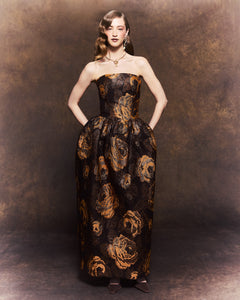 Swan Dress in Bronze Floral Brocade