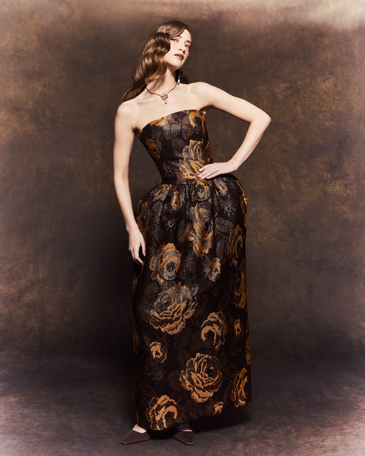 Swan Dress in Bronze Floral Brocade
