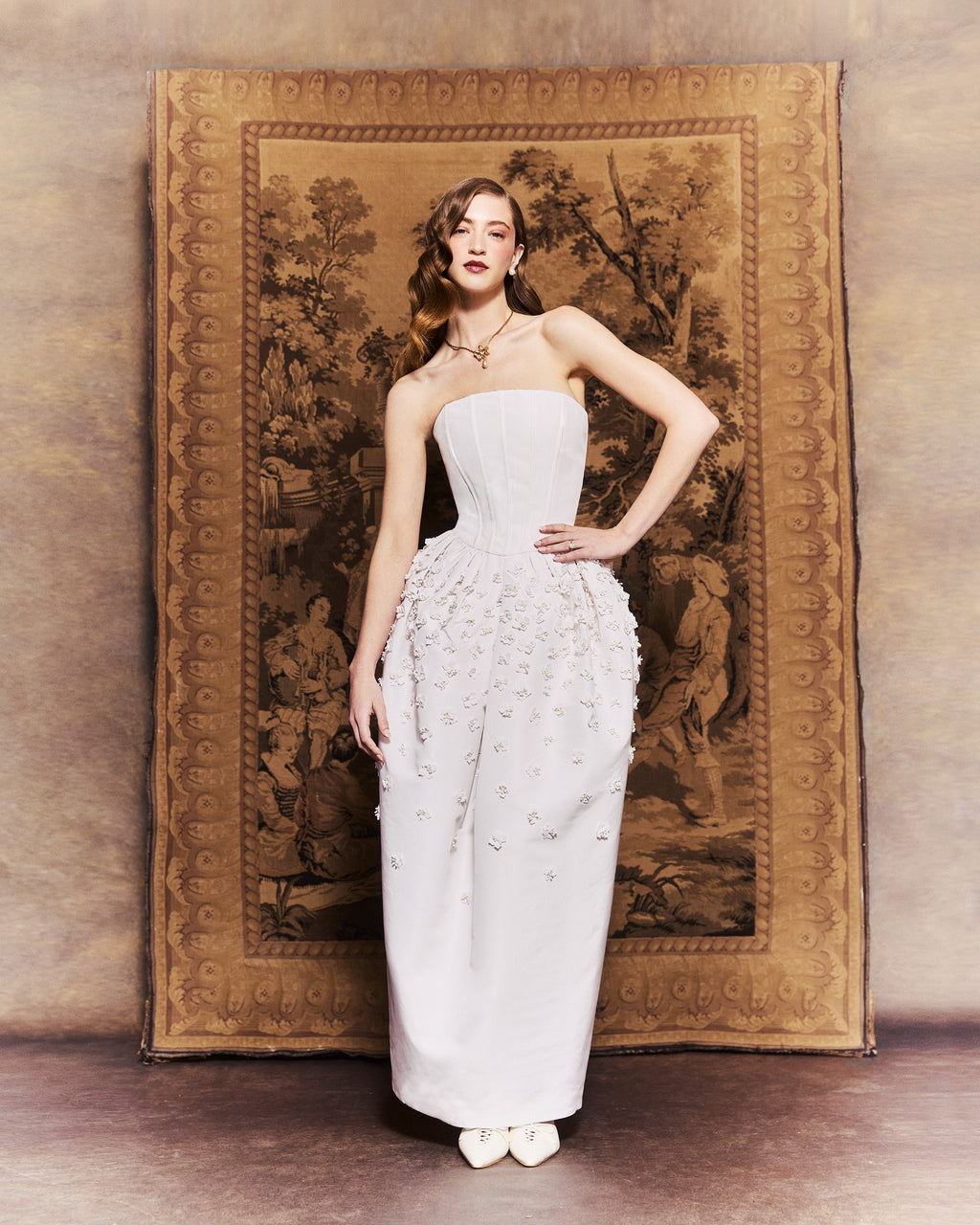 Swan Dress in Ivory Faille with Petite Fabric Flowers