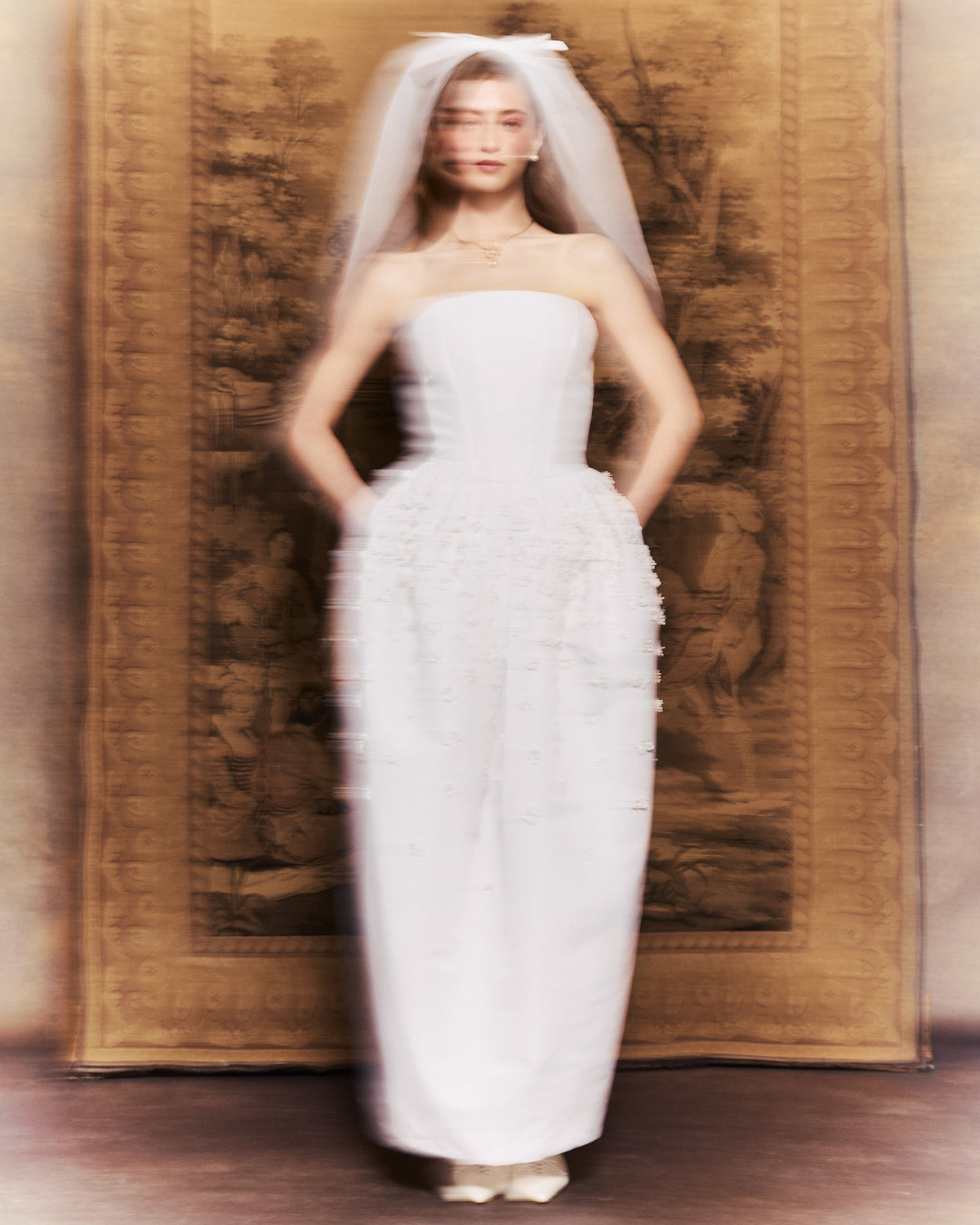 Swan Dress in Ivory Faille with Petite Fabric Flowers