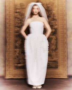Swan Dress in Ivory Faille with Petite Fabric Flowers