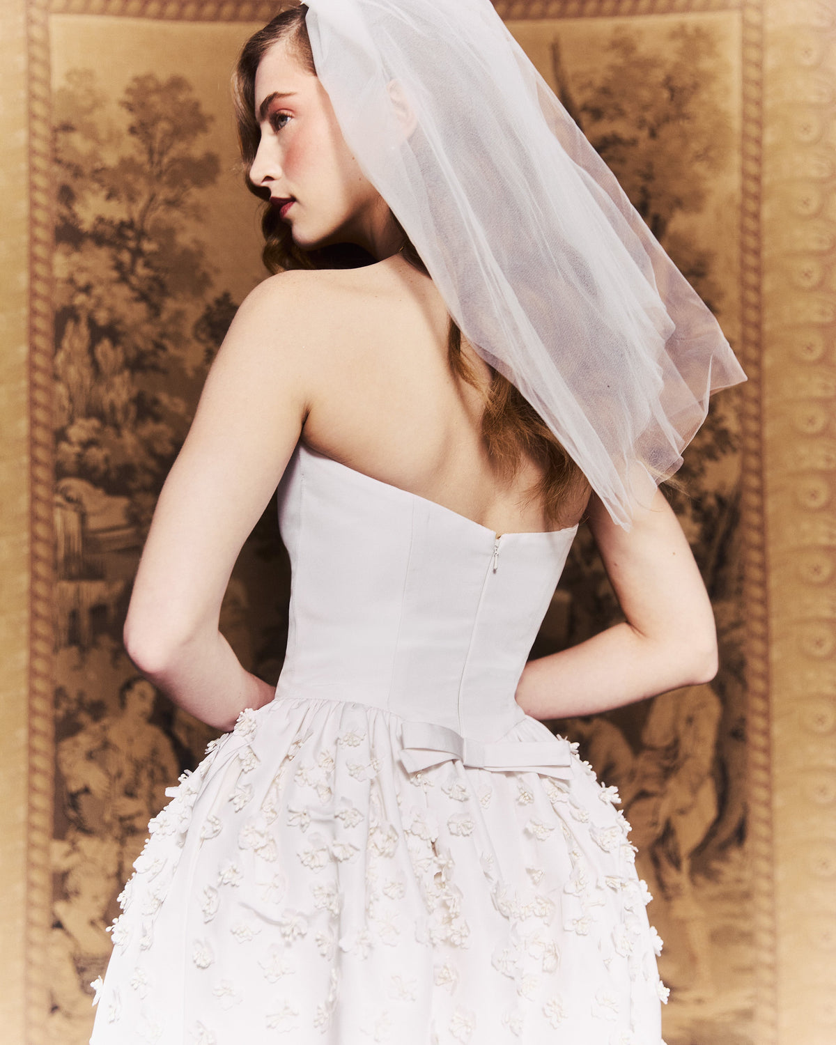 Swan Dress in Ivory Faille with Petite Fabric Flowers